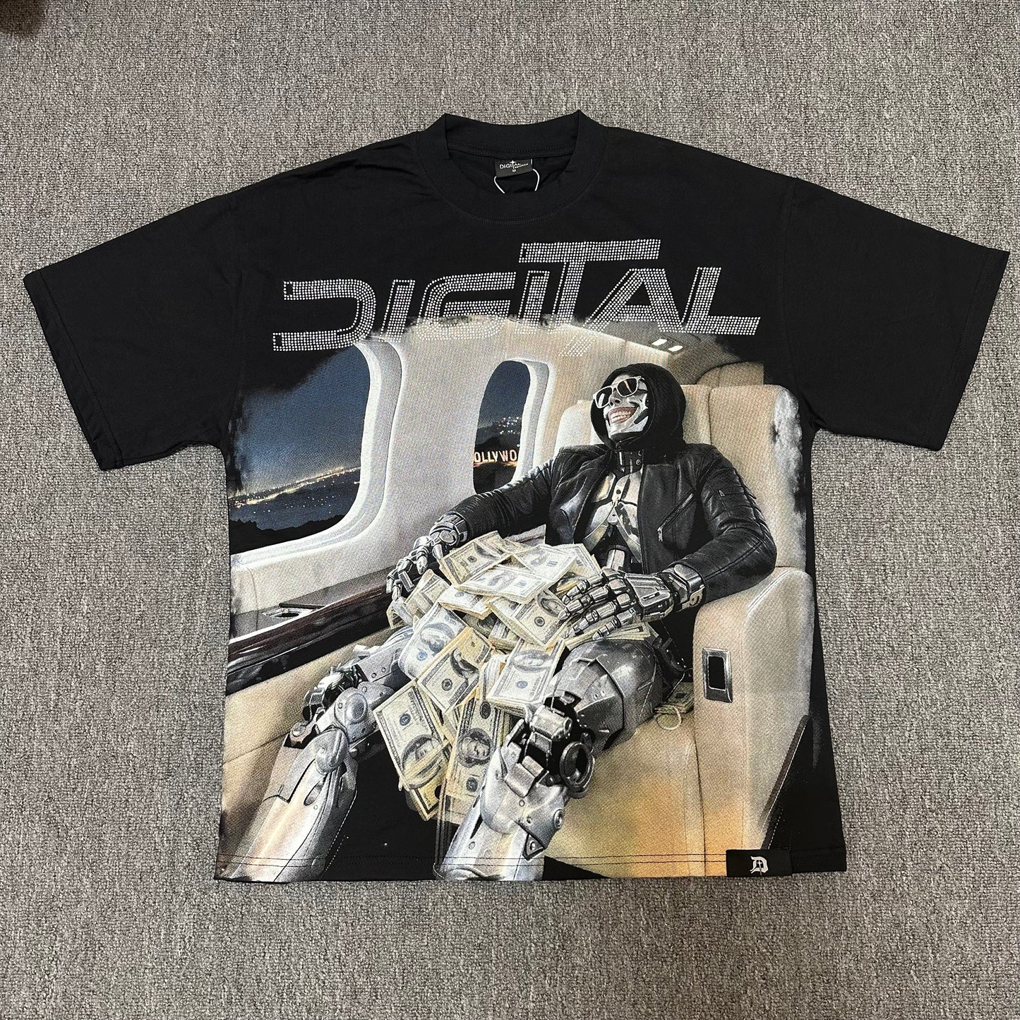 Rebel Minds "Smells Like Cash" Digital Graphic Rhinestone T-Shirt.