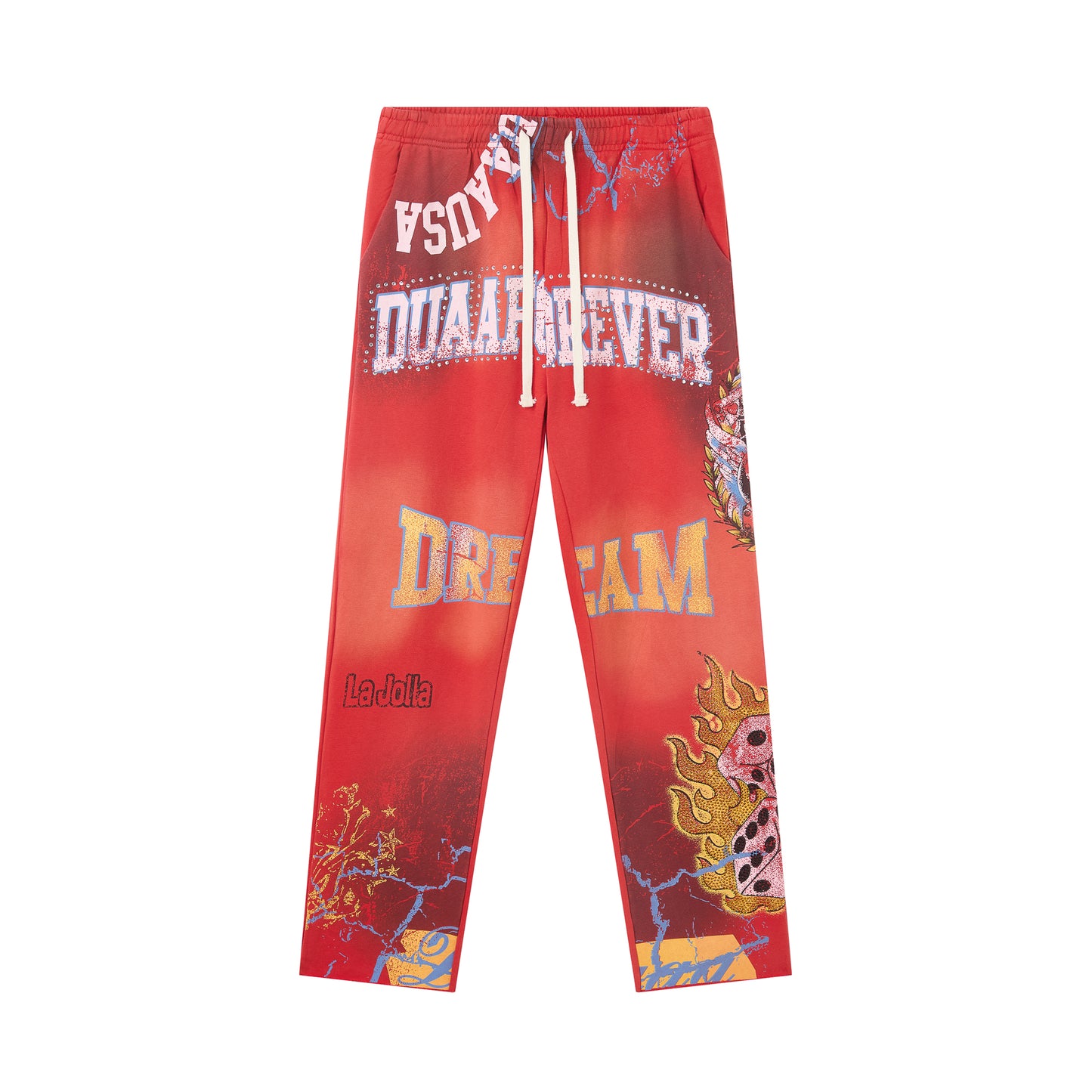 Duaa Red Flame Studded Diamond Dice Pattern Tapestry Sweatpants
