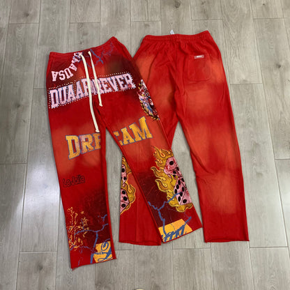 Duaa Red Flame Studded Diamond Dice Pattern Tapestry Sweatpants